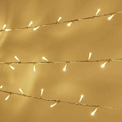 Lights4fun - Catena di Luci Prolungabile con 300 LED Bianco Caldo su 30m di Cavo Trasparente per Interni ed Esterni