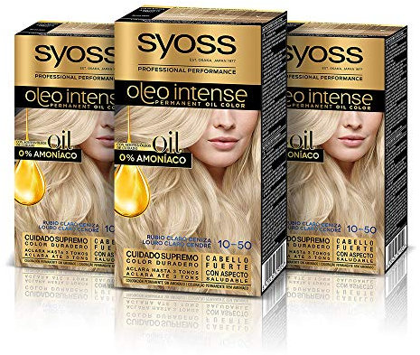 Syoss Oleo Intense - Tinte 10-50 Rubio Claro Ceniza – Coloración permanente Sin Amoníaco – Cobertura profesional de canas – Resultados de peluquería (Pack De 3)