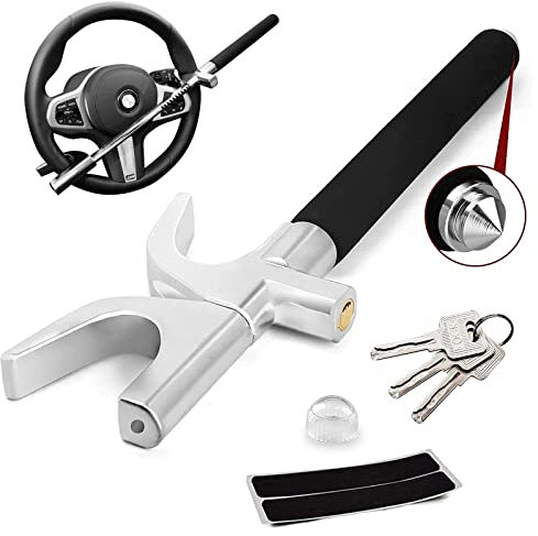 Steering Wheel Lock, lootaan Universal Car Lock Anti-Theft Device for Cars Vans Trucks Heavy Duty Steering Lock with 3 Keys and Safety Hammer Function for Car Security, Silver