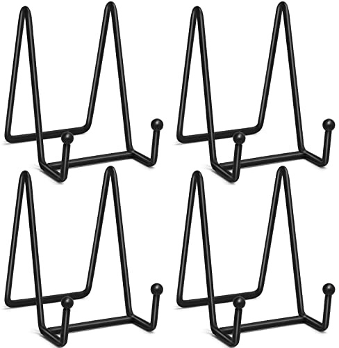 Ouskr 4 Pcs 4-1/4 Inch Plate Stands for Display, Metal Iron Picture Frame Holders Stand for Book Photo Small Easels Plaque Dish Art Tabletop Decorative Black