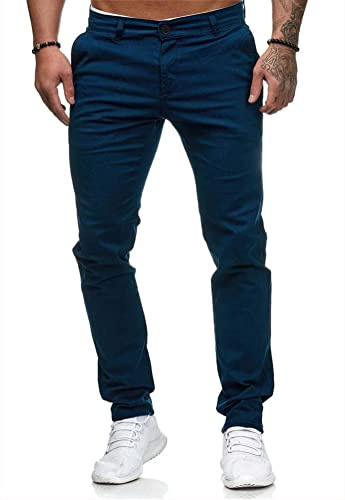 Osheoiso Hommes Chino Pantalon Couleur Unie Chic Pantalon Décontracté Coupe Ajustée Pantalon Eté Streetwear Jeans Moulants Trekking Cargo Pantalon Extensible A Bleu Foncé XXL