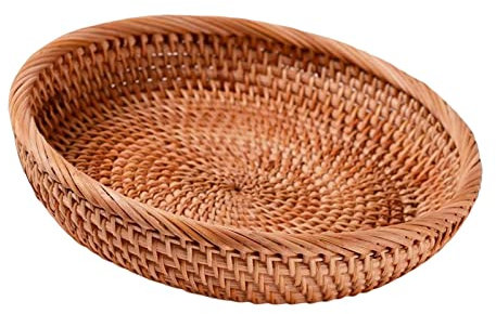 perfk Bandeja de Mimbre, Cesta organizadora de Aperitivos, Cesta Redonda Tejida a Mano Decorativa de Mesa, Cesta de Pan de Mimbre para Cartera, Llaves, M
