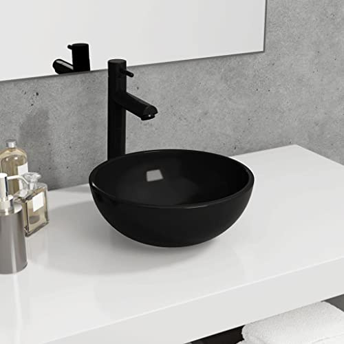 HOMIUSE 30x30x12 cm Lavabo Sobre Encimera con Desagüe y Diseño Sobre la Encimera Negro Lavabo Colgante Lavabo Baño Lavabo de Vidrio Templado Redondo Lavamanos Baño Lavabo Suspendido