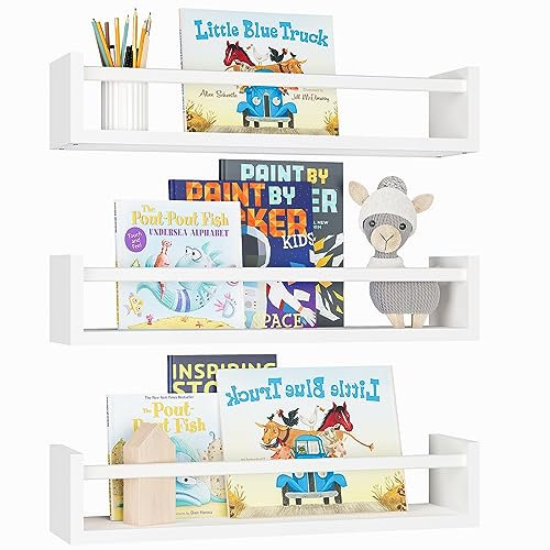 Fixwal Floating Bookshelves for Wall, 16.5 Inch Wood Nursery Book Shelves Set of 3, Baby Kids Decor, Solid Wood Wall Mounted Shelves for Books, Toys and Decor Storage (White)