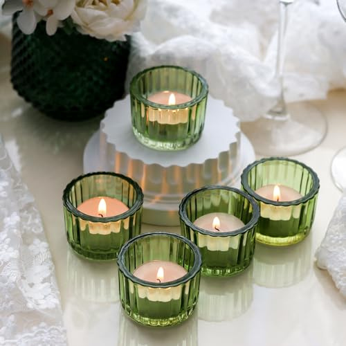 Filltown Green Tea Light Candle Holders Set of 12, 5cm x 3.5cm Glass Tealight Holders for Table Centerpiece, Mini Vintage Striped Candle Holders for Weddings, Birthday Parties, Home Decor, Table Decor