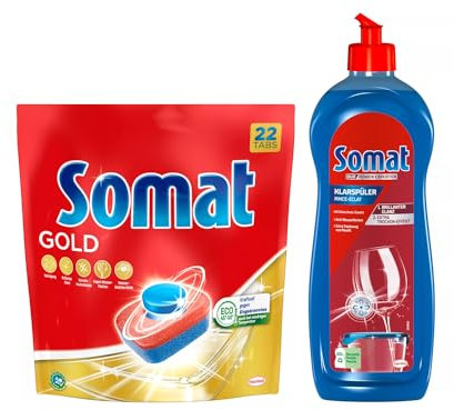 SOMAT Tabs 22 AW Gold, Geschirrspül Tabs für strahlend sauberes Geschirr auch bei niedrigen Temperaturen, Extra-Kraft gegen Eingetrocknetes + Somat Duo Power Experten Klarspüler 750ml