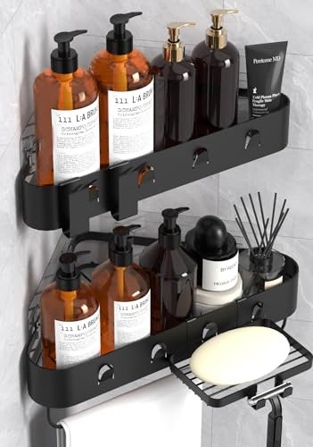 Cooeco Duschablage Ohne Bohren Schwarz 2 Stück Badregal Ohne Bohren Ecke Eckregal Bad mit 2 Zahnbürstenhalter, 1 Seifenhalter, 1 Handtuchhalter und 8 Haken
