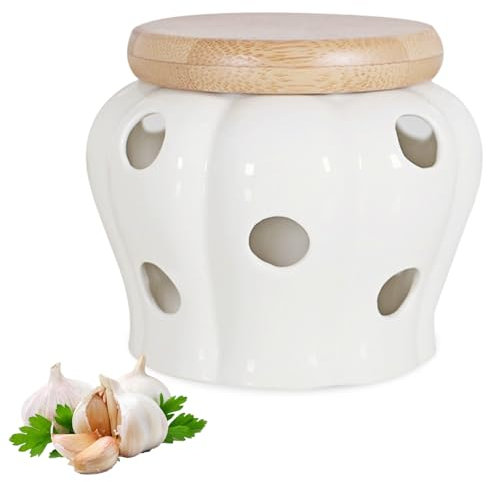Pritok Rangement à ail Ø 13 cm, céramique couvercle bambou amovible aération latérale rangement décoration comptoir cuisine (blanc)