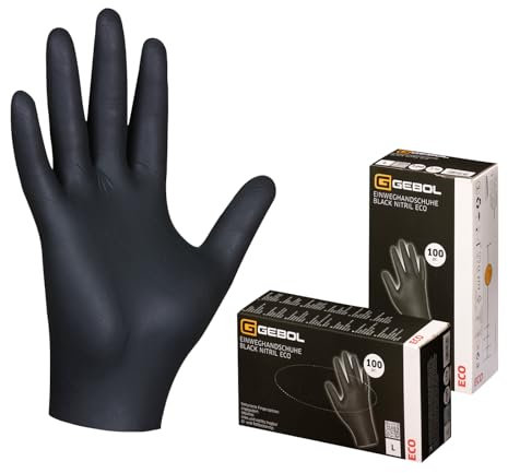 Gebol Black Nitril Eco Lot de 100 gants jetables en nitrile sans poudre et sans latex, haute résistance à la déchirure, gants en nitrile avec revêtement polymère pour homme, taille L (taille 9), noir