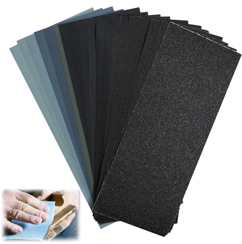 EuAcesry Papel De Lija, 19 Piezas Lijas al Agua Fino 10000/7000/5000/3000/2500/2000/1500/1200/1000/800/600/400/320/240/220/180/150/120/80 Grano 9 x 3,6 Pulgadas, para lijado de Metal, Madera, Coche