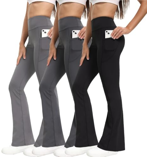 Shgiloo 3 Pack Flared Leggings Women - High Waisted Yoga Pants for Women, Workout Trousers Leggings with Pockets
