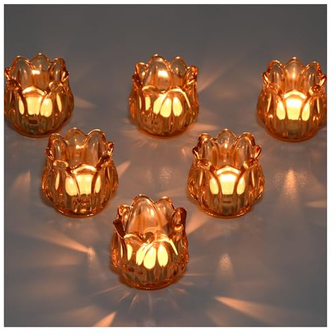 YoHyien Juego de 6 Portavelas de Cristal para Velas de Té, Porta Velas Pequeñas Tulipán para Centros de Mesa, Vasos para Velas para Navidad, Boda, Fiesta y Decoración del Hogar (Ámbar)