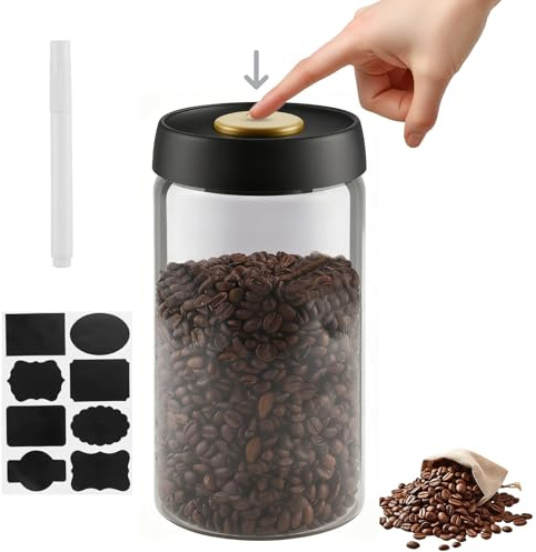 Zosenyer Bote hermetico para cafe en grano 1,2 L, recipiente de vidrio con tapa negra y boton dorado de vacio, tarro para conservar aroma, te, frutos secos y mas