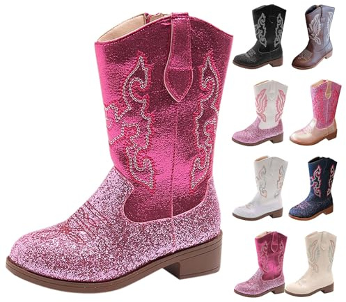 Botas vaqueras hasta la rodilla para niñas, botas de equitación con lentejuelas, botas largas de cuero Y2K con purpurina, botas de baile, punta redonda, tacón bajo, zapatos de invierno para Navidad