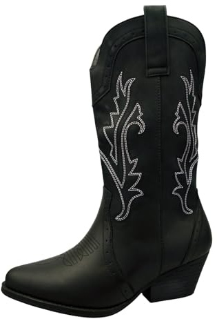 Western Cowgirl Mid-Calf Boots, Faux Leather Pull-On Style with Embroidered Design, Casual Walking Boots for Women (Black, One Size, UK Footwear Size System, Adult, Women, Numeric, Medium, 6)