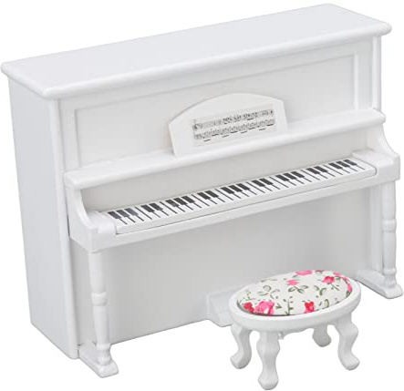 OEBUAFI Piano Miniature 1:12, Meubles de Maison de Poupée, Piano Miniature en Bois Blanc avec Tabouret de Musique, Accessoires de Scène de Maison Artificielle pour Maison de Poupée