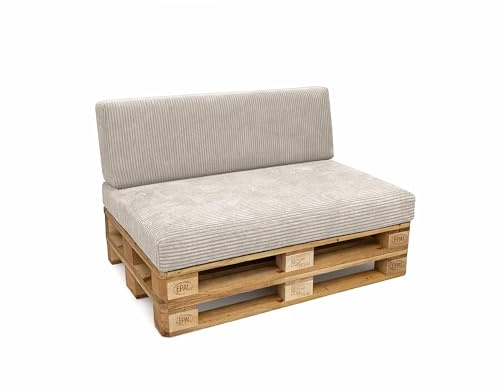 POKAR Set di 2 Cuscini per Pallet 120x80 + 120x40 cm | Seduta e Schienale per Bancali da Esterno in Velluto a Coste | Sfoderabili e Lavabili | Cuscini Divano da Giardino | Made in EU | Avorio