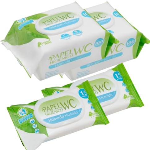 Papel Higiénico Húmedo, 100 Unidades, Pack de 2 + 2 Paquetes de Viaje de 15 Unidades