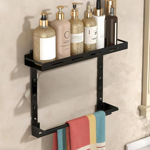 HECHKJ Estanteria Baño Pared con Toallero, Multifuncional Organizador de Baño, Estanteria Ducha Sin Taladro Regulable en Altura, Negro Soporte Shampoo Chuveiro, para Baño, Cocina y Balcón