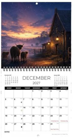 2027 Ko kalender rolig datumruta pappersprydnad | Vägg 12 månaders kalender för matsal sovsal vardagsrum sovrum arbetsrum studenter vuxna lärare djurälskare