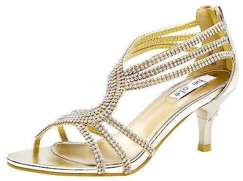 SheSole Ladies Heels Strappy Low Kitten Dress Prom Wedding Bride Sandals Gold Shoes UK Size 5