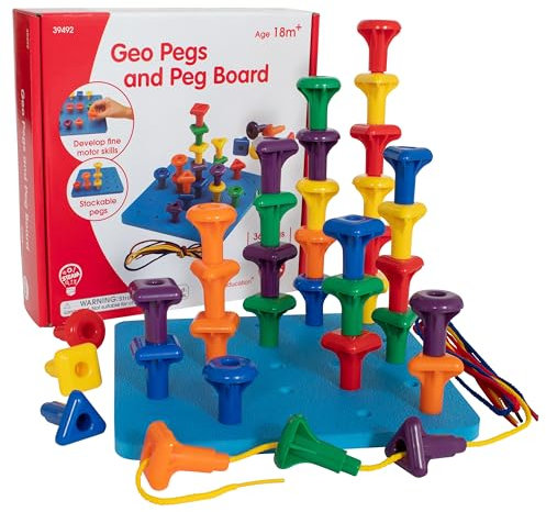 EDX Education Geo-Stecker- und Steckplatten-Set - 36 Stecker in 3 Formen und 6 Farben + 3 Schnüre - Alter ab 18 Monaten - Schulbedarf für Vorschulaktivitäten