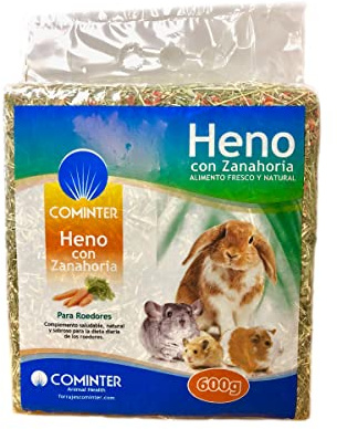 Cominter Animal Health Heno con Zanahorias Natural Timothy para Conejos, EOS, Hamsters, Cobayas y Roedores (600g), Comida para Conejos con Fibra para el Desgaste Dental del Roedor