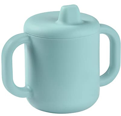 Béaba Tasse d'Apprentissage Bébé, Fonction Biberon/Tasse, 100% Silicone de Haute Qualité, Larges poignées, Facilite la prise en main, Ergonomique, Bec Souple, Blue