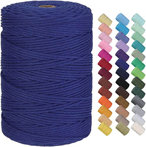GOHOF Macrame Cord 3mm x 300m Premium Cotton Macrame Rope, 4 Strand Twisted Soft Cotton Cord, One of The Most Perfect Materials for Macrame Art, Cotton String Without Chemicals (Dark Blue)