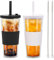 ZgoEC Reusable Bubble Tea Cups - 2 Pack of 730ml/24oz Clear Double Wall Insulated Smoothie Cups with Straw and Lid, Leakproof Plastic Iced Coffee Tumbler, Wide Straw Drinking Cups