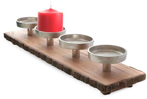 Spetebo Mango advents ljushållare för 4 ljus – 48 x 12 cm – trä aluminium ljusstake med bark – adventskrans, jul, vinterdekoration