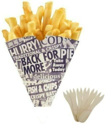 SugarShack | Newsprint Design Food Safe Chip Cones with Mini Forks | Pack of 100