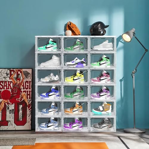 ELUCHANG Schuhboxen Stapelbar Transparent - 3er Pack Schuhkarton Schnelle Montage Schuhaufbewahrung mit Deckel für Wand Turnschuhe Stöckelschuhe bis Größe 47