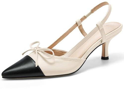 Coutgo Womens Bow Tie Slingback Pumps Pointed Toe Kitten Low Heel Patchwork Dress Heeled Sandals, Beige, 4 UK
