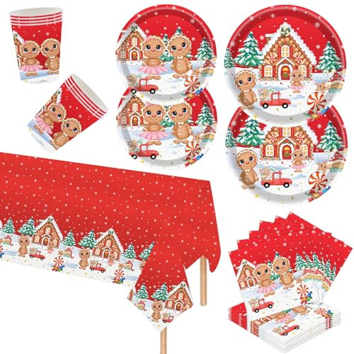 POPOYU 69 Pièces Vaisselle en Papier de Noël, Nappe de Table,16 x Assiettes à Dîner & 16 x Assiettes à Salade, 16 x 250ml Tasses, 20 x Serviettes, Bonhomme en Pain d'épice Vaisselle de Fête de Noël