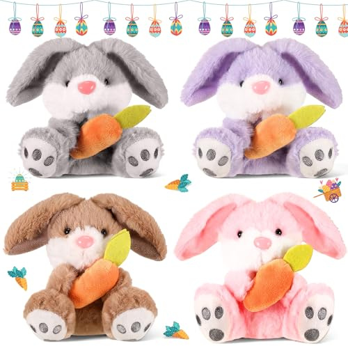 Simgoing 4 Pack Easter Plush Bunny 5.3 Inch Easter Stuffed Sitting Lop Eared Rabbit with Carrot Soft Lovely for Kids Baby Boys Girls Easter Basket Stuffers Animal Birthday Parties(Classic Color)