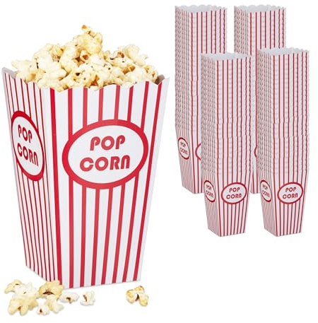 Relaxdays Sacchetti per Popcorn, Set 100, a Righe, Feste Compleanno Tema Cinema, Box Contenitore Cartone, Rosso Bianco