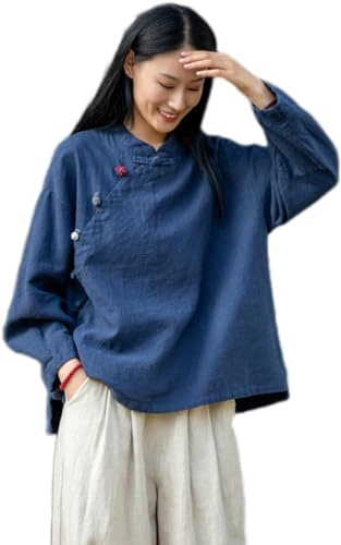 Kkaebi Blusa Cinese in Ramie per Donne - Camicia Hanfu Estiva in Cotone E Lino Abbigliamento Tradizionale Tuta da Meditazione con Maniche Lunghe Top Tunica retrò (M,Marina Militare)