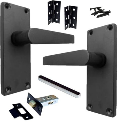 Victorian Straight Handle Latch Door Handles Matt Black, Pair of 3 Hinges & Latches Pack Sets 120mm x 42mm Backplate, Interior Wooden Doors