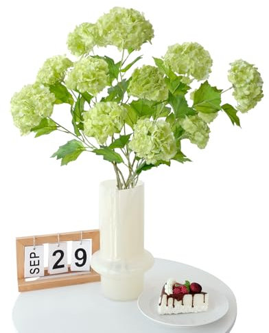 JINWOE Light Green Snowball Hydrangea Artificial Flowers,4Pcs Viburnum Real Touch Silk Flowers,Long Stem Latex Lifelike Small Faux Hydrangea for Bouquet Home Wedding Table Centerpiece Indoor Home