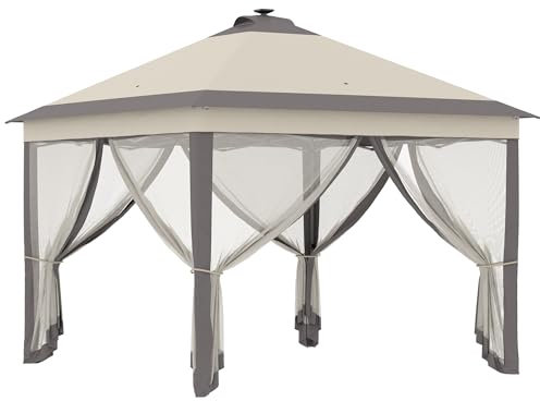 Outsunny Carpa Plegable con Luces LED 3,3x3,3 m Cenador de Jardín con Control Remoto 4 Paredes Laterales de Malla Altura Ajustable y Bolsa de Transporte para Patio Fiestas Beige