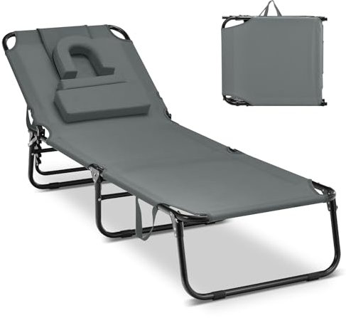COSTWAY Sonnenliege mit Gesichtsöffnung, klappbare Gartenliege mit 3 abnehmbaren Kissen und 5-Fach Verstellbarer Rückenlehne, Strandliege Liegestuhl für Garten und Poolbereich (Grau)