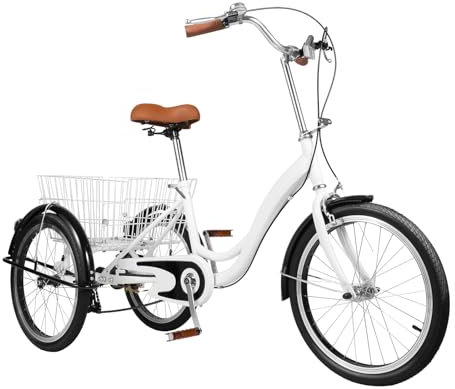 Garbenat 20 Zoll Dreirad Fahrrad Dreirad für Erwachsene Single-Speed 3 Räder Fahrrad Lastenfahrrad mit Korb Modern Senioren Dreirad Erwachsene Dreiräder für Männer Frauen ältere Menschen(Weiß)