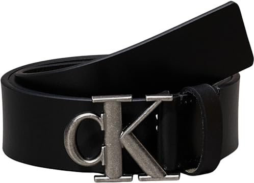 Calvin Klein Herren Gürtel Monogram Plaque Buckle 3,5 cm Ledergürtel, Schwarz (Black/Antique Silver), 95 cm