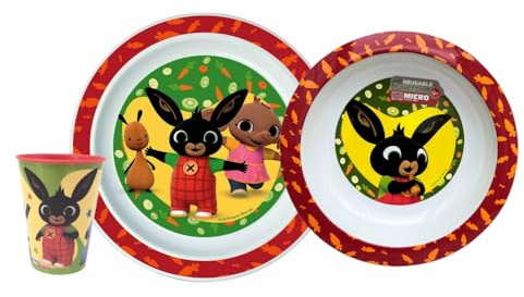 CARTOON Set pappa in plastica riutilizzabile Bing 3 pezzi piatto piano piatto fondo bicchiere stoviglie per bambini