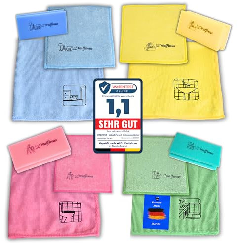 Walfinus Hygiene XXL 12er Putzset Mikrofasertücher & Reinigungsschwämme & Schwammtücher mit Piktogramm erzielen EIN perfektes streifenfreien/kratzfreies Reinigungs Ergebnis