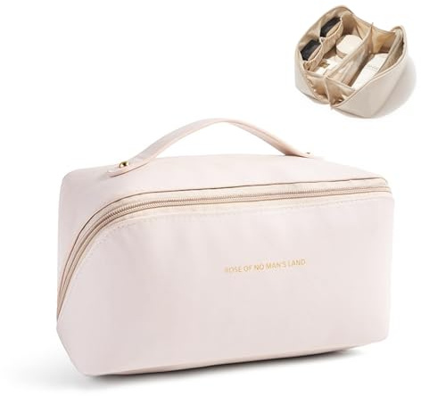 CCAIPU Travel Makeup Bag, Large Capacity Cosmetic Bags for Women PU Leather Waterproof Toiletry Bag Portable Pouch Open Flat Make up Bag with Handle (Beige)