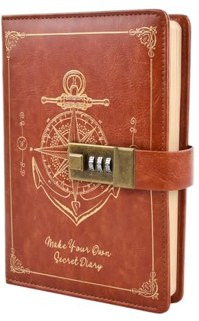Aohyue Tagebücher mit Schloss, A5 Pu Leder Notizheft mit Schloss, Diario Personal con Seguridad mit 224 Seiten, Tagebuch Blanco für Jungen und Mädchen(Braun)