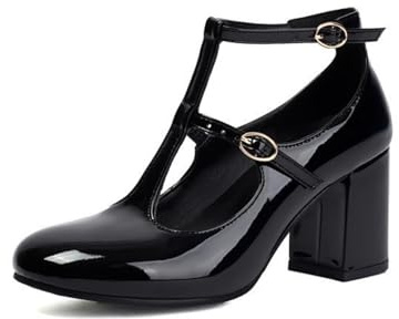 Donna Pelle Verniciata Décolleté da Vestito Cinghia A T Mary Jane con Fibbia Tacco A Blocco Alto Scarpe da Ballo per Feste da Serale,Nero,40 EU