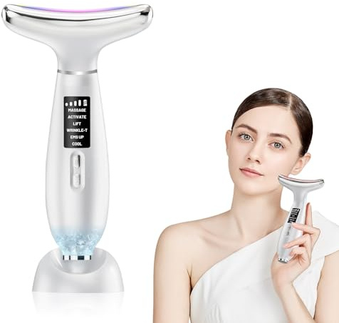 Massaggiatore Viso e Collo Antirughe Lifting Elettrico – Dispositivo di Bellezza con 6-in-1: EMS, Radiofrequenza Viso, 45°C Caldo & 5°C Freddo, Luce LED, Gua Sha, per Rassodamento Viso, Collo